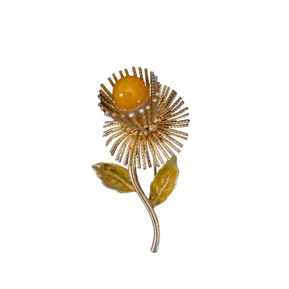 Warner Unique Brooch Metal Spike Petals Enameled Leaves Gold Yellow Center - Picture 1 of 8